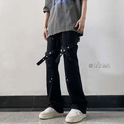 vibe裤子美式高街黑色绑带牛仔裤男款秋冬修身微喇显瘦伐木工装裤