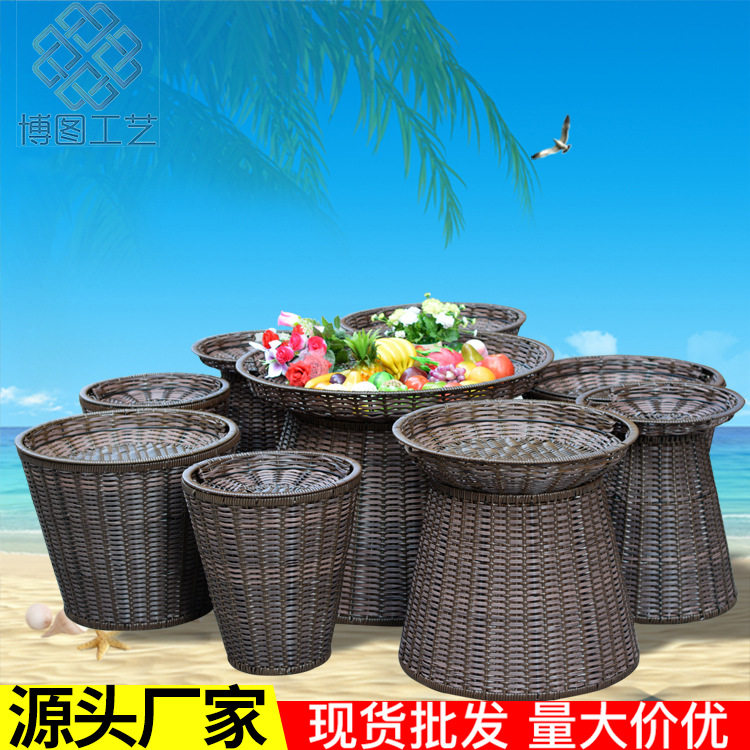 批发商场超市藤编筐多功能大号圆桶水果堆头筐陈列展示筐现代风