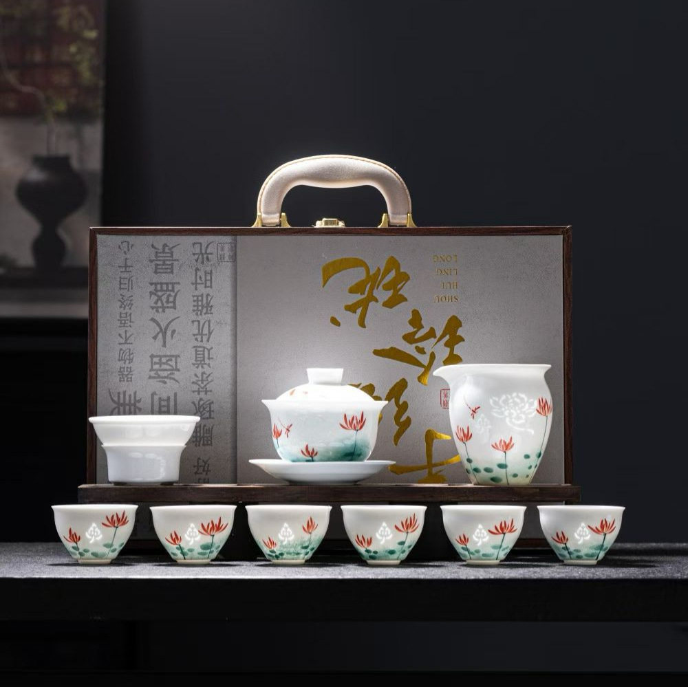 阅锐手绘玉瓷玲珑茶具套装荷花三才盖碗泡茶器公司年会印Logo礼品