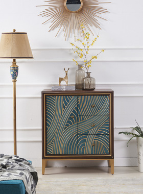 至高美式乡村玄关柜三斗柜胡桃色实木抽屉柜蓝色线条装饰柜子批发