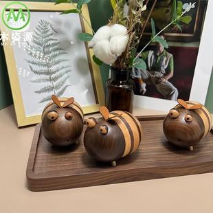 饰摆件罐子 蜜蜂牙签盒居家用实木牙签盅黑胡桃木牙签筒可爱萌物装