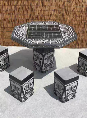 石桌石凳别墅庭院花园户外座椅石头桌椅青石圆形方形石桌棋盘摆件