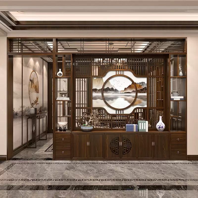 新中式实木入户门厅家用玄关隔断柜博古架展示柜遮挡装饰收纳格栅