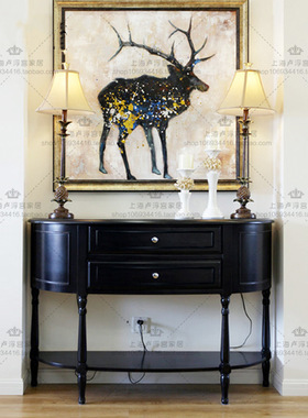 美式黑色客厅实木玄关桌玄关柜 法式靠墙半圆餐边柜门厅柜小户型