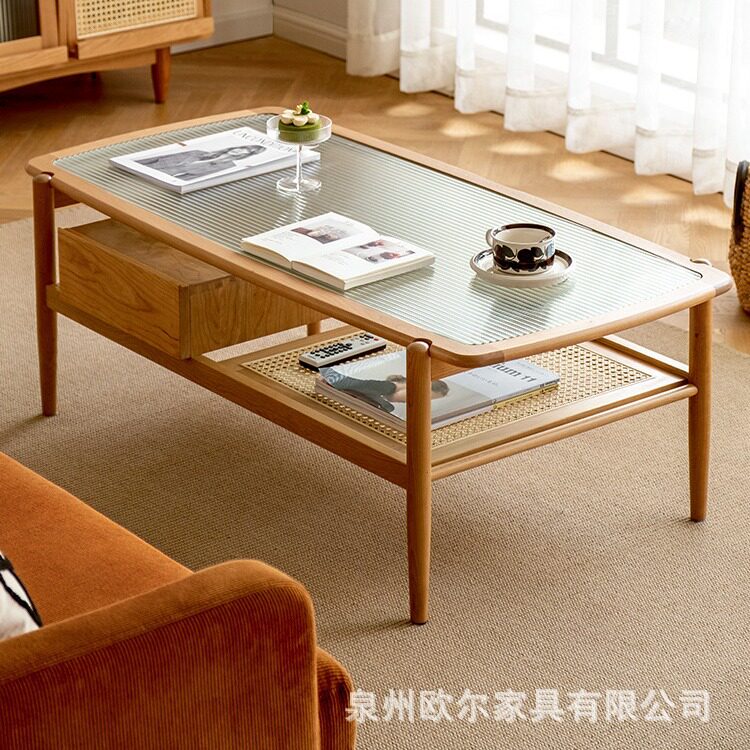 日式樱桃木藤编玻璃茶几