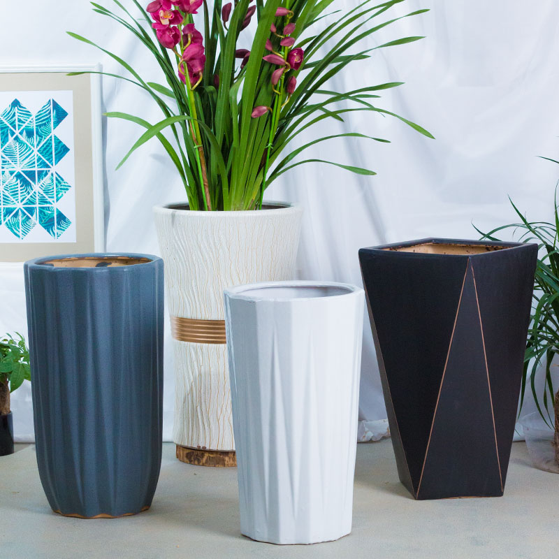 北欧陶瓷特大号高筒落地北欧简约大花盆金钱树发财树盆送托盘包邮