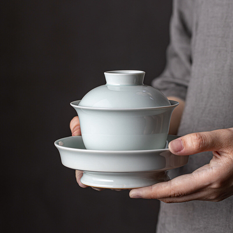 中式仿古胎三才盖碗茶杯单个陶瓷家用泡茶碗带盖大号不烫手茶具
