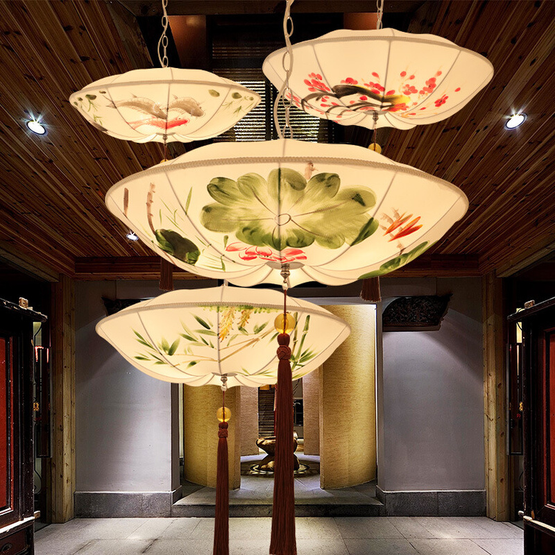 厂家货源新中式布艺荷叶吊灯仿古典绘画灯笼中国风餐厅茶楼火锅店
