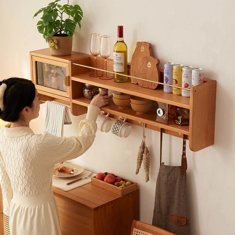 2026餐边柜墙上置物架实木吊柜壁挂咖啡杯子收纳柜厨房挂墙调料柜