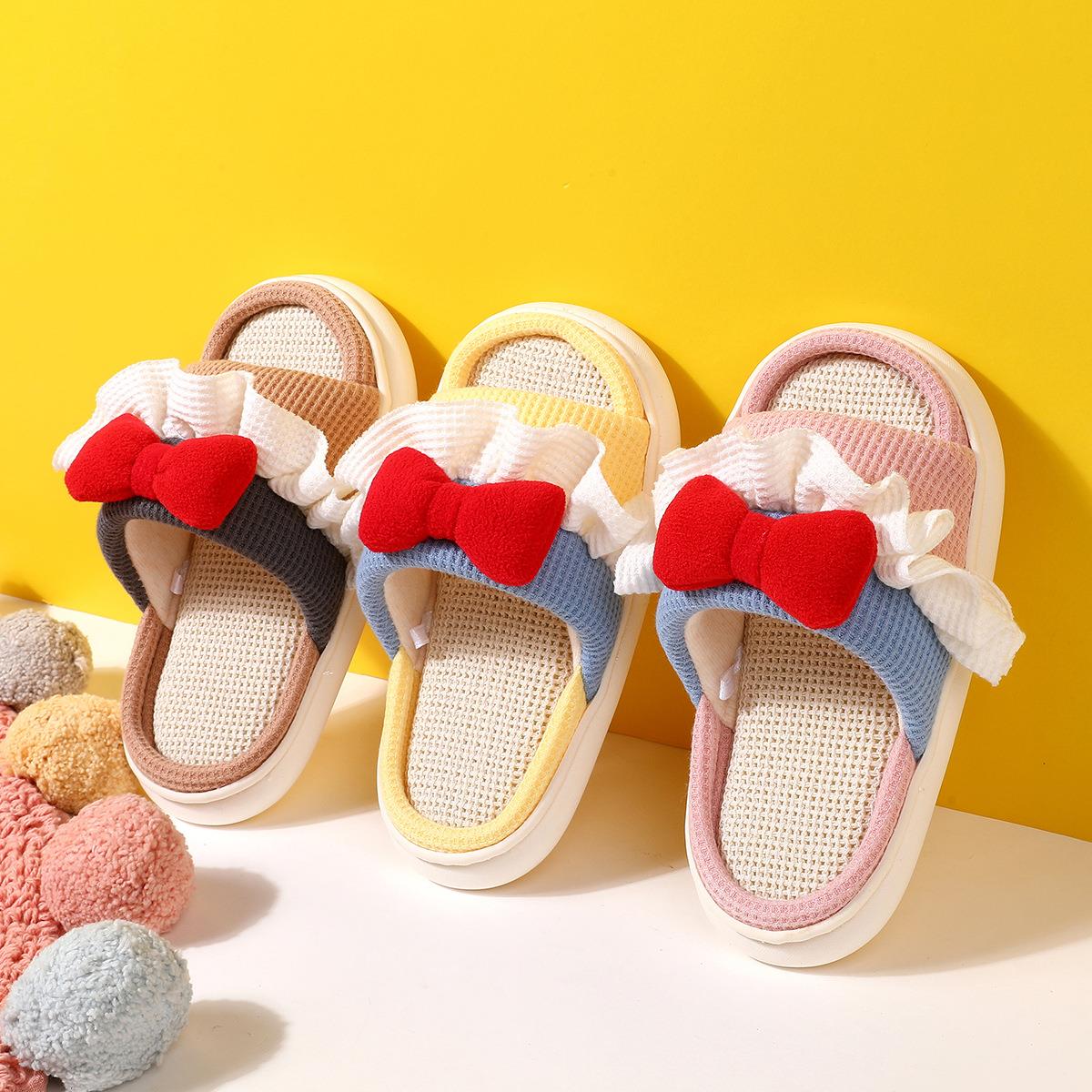 亲子亚麻拖鞋女室内居家夏季防滑公主花朵蝴蝶结儿童棉麻凉拖鞋