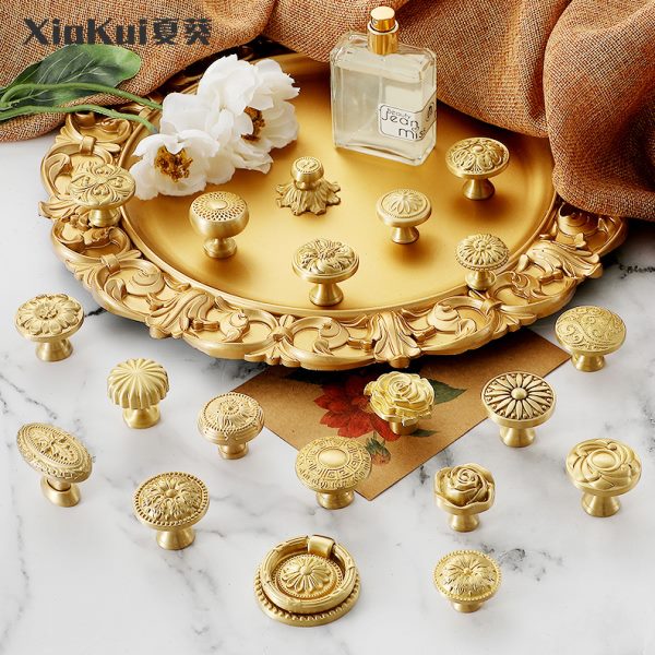 法式轻奢单孔衣柜拉手纯铜欧美新中式花纹圆形黄铜抽屉橱柜门把手