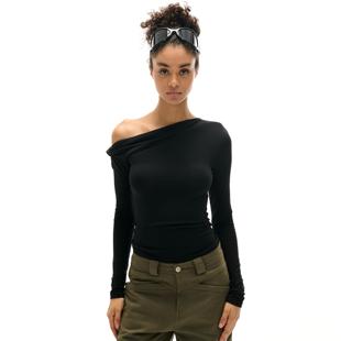 长袖 Two 24秋冬不规则天丝斜肩领褶皱收腰修身 guys T恤 little