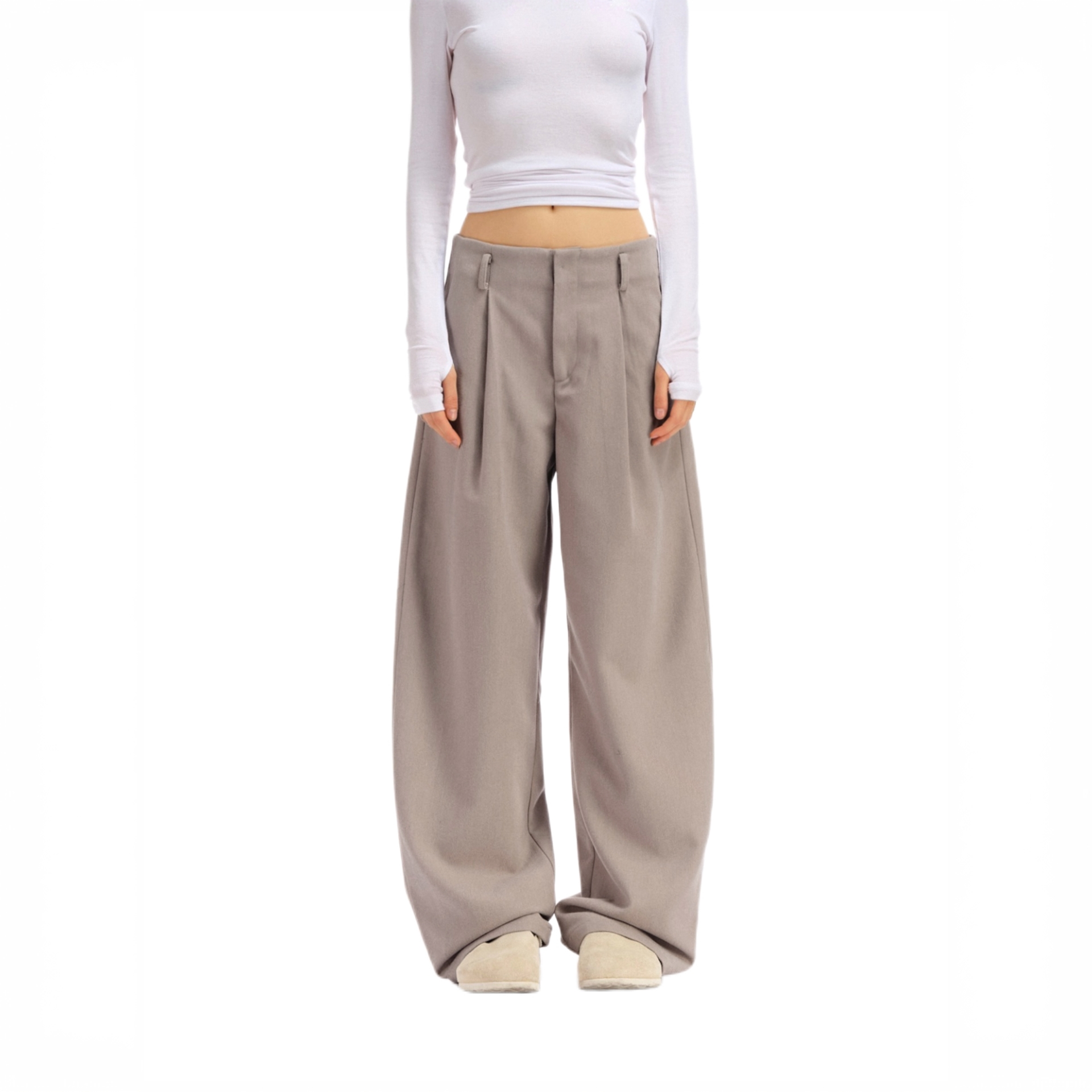 Two little guys*纯色无腰头加厚磨毛垂感休闲中低腰弯刀裤