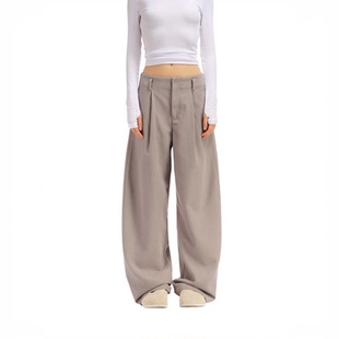 纯色无腰头加厚磨毛垂感休闲中低腰弯刀裤 guys little Two