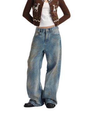 Two little guys*做旧泥染水洗低腰复古直筒脏脏牛仔裤