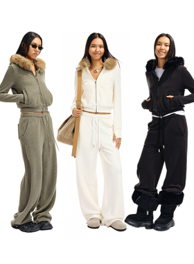 Two little guys*仿真毛领薄绒外套 圈圈料短款卫衣+直筒休闲裤