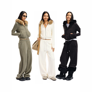 仿真毛领薄绒外套 guys 圈圈料短款 卫衣 Two 直筒休闲裤 little