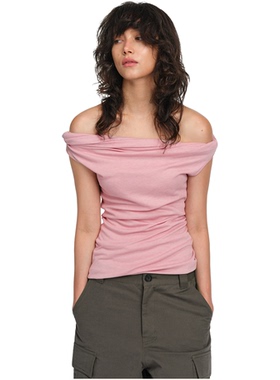 Two little guys*天丝羊毛弹力修身扭结露肩斜肩两穿T恤