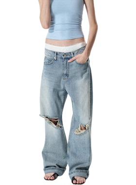 Two little guys*90.s破洞拉丝水洗色磨白直筒慵懒牛仔裤