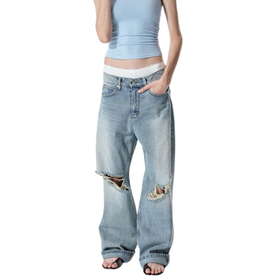 Two little guys*90.s破洞拉丝水洗色磨白直筒慵懒牛仔裤