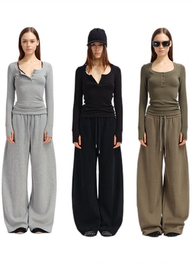 Two little guys*U领弹力修亨利贝壳扣加绒T恤+加绒保暖香蕉裤