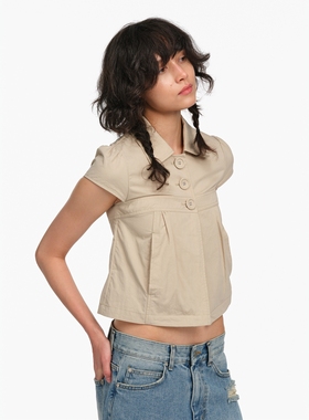 Two little guys*“90.s知识分子”复古翻领插兜短袖锦棉上衣外套