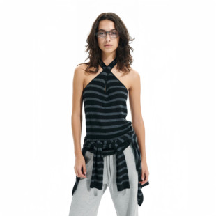 Two little guys*午后慵懒度假条纹挂脖上衣真丝羊毛轻薄针织开衫