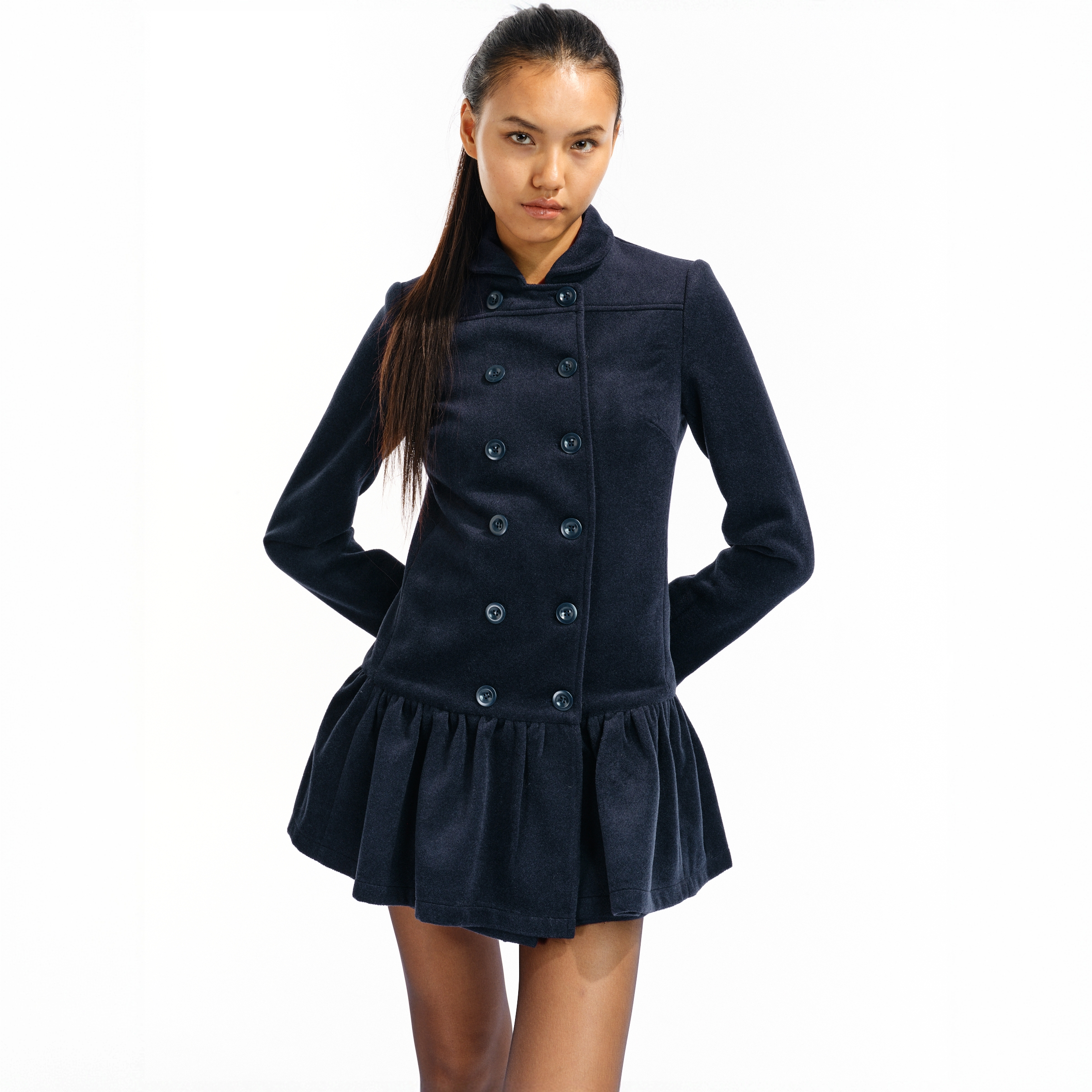 Two little guys*软糯羊毛双排扣荷叶边小翻领连衣裙毛呢外套