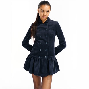 软糯羊毛双排扣荷叶边小翻领连衣裙毛呢外套 guys Two little