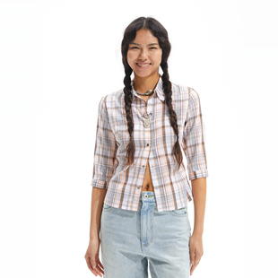 little 格子衬衫 guys 7分袖 树皮皱纯棉金属暗扣修身 Two