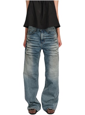 Two little guys* 压皱猫须水洗做旧宽松直筒牛仔裤