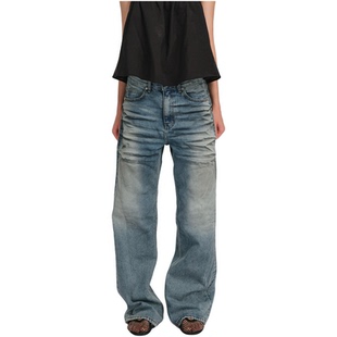 压皱猫须水洗做旧宽松直筒牛仔裤 guys little Two