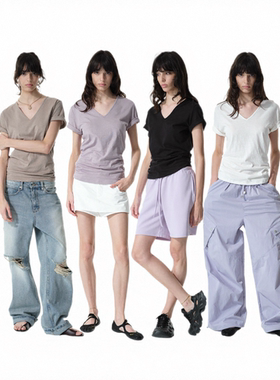 Two little guys*松弛亚麻棉手工卷袖V领宽松下堆叠打褶百搭T