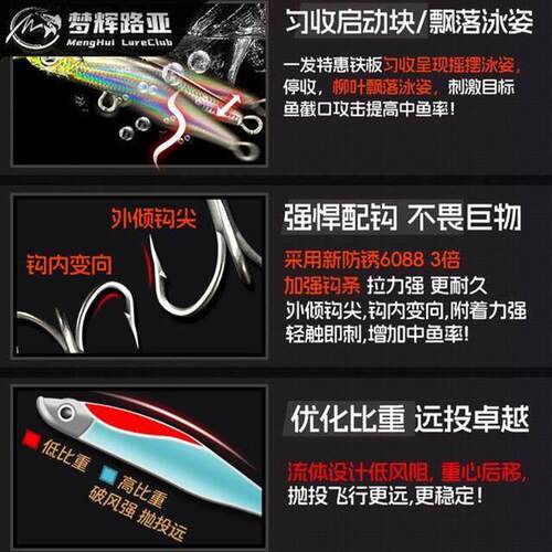 梦辉特惠版一发铁板6088新防锈三本钩钓翘嘴海鲈鳡鱼铁板路亚