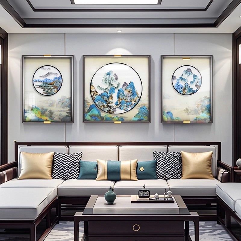 千里江山客厅装饰画新中式沙发背景墙高端刺绣挂画立体苏绣三联画图片