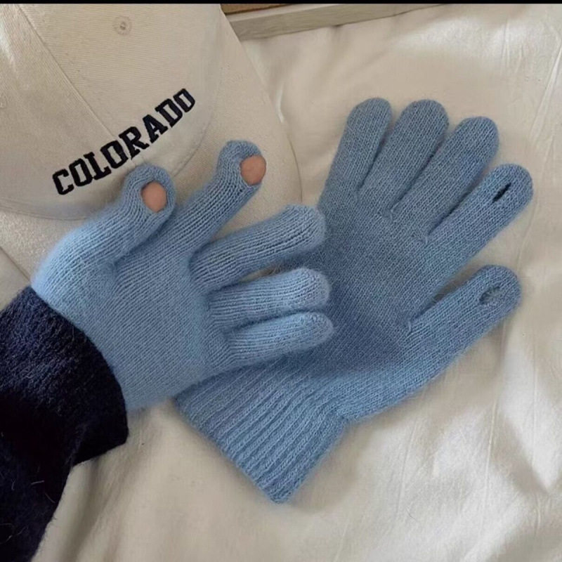 露指触屏兔毛加绒保暖手套冬季保暖抗冻五指骑行ins玩手机手套蓝