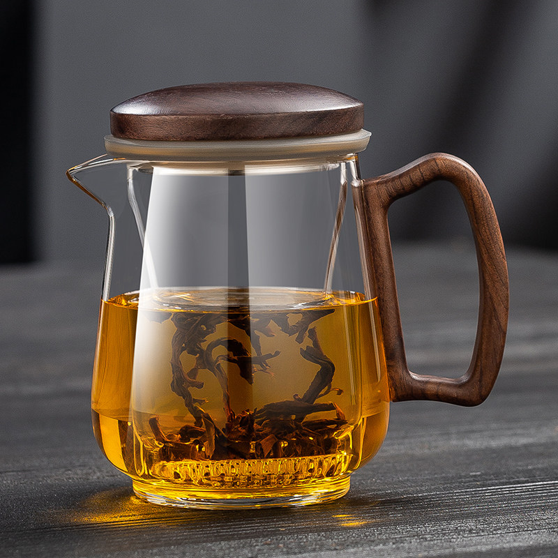 耐高温全玻璃内胆泡茶壶茶水分离花茶壶家用胡桃木茶具泡茶器套装