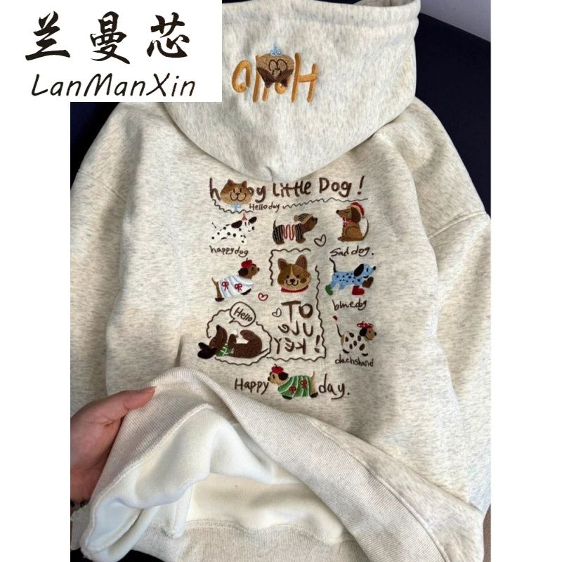100%纯棉腊肠狗刺绣连帽卫衣女秋冬季加绒加厚宽松慵懒风外套上衣