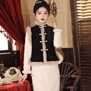 马甲秋冬短款新款中式盘扣国风加绒背心妈妈外套民族加厚复古坎肩