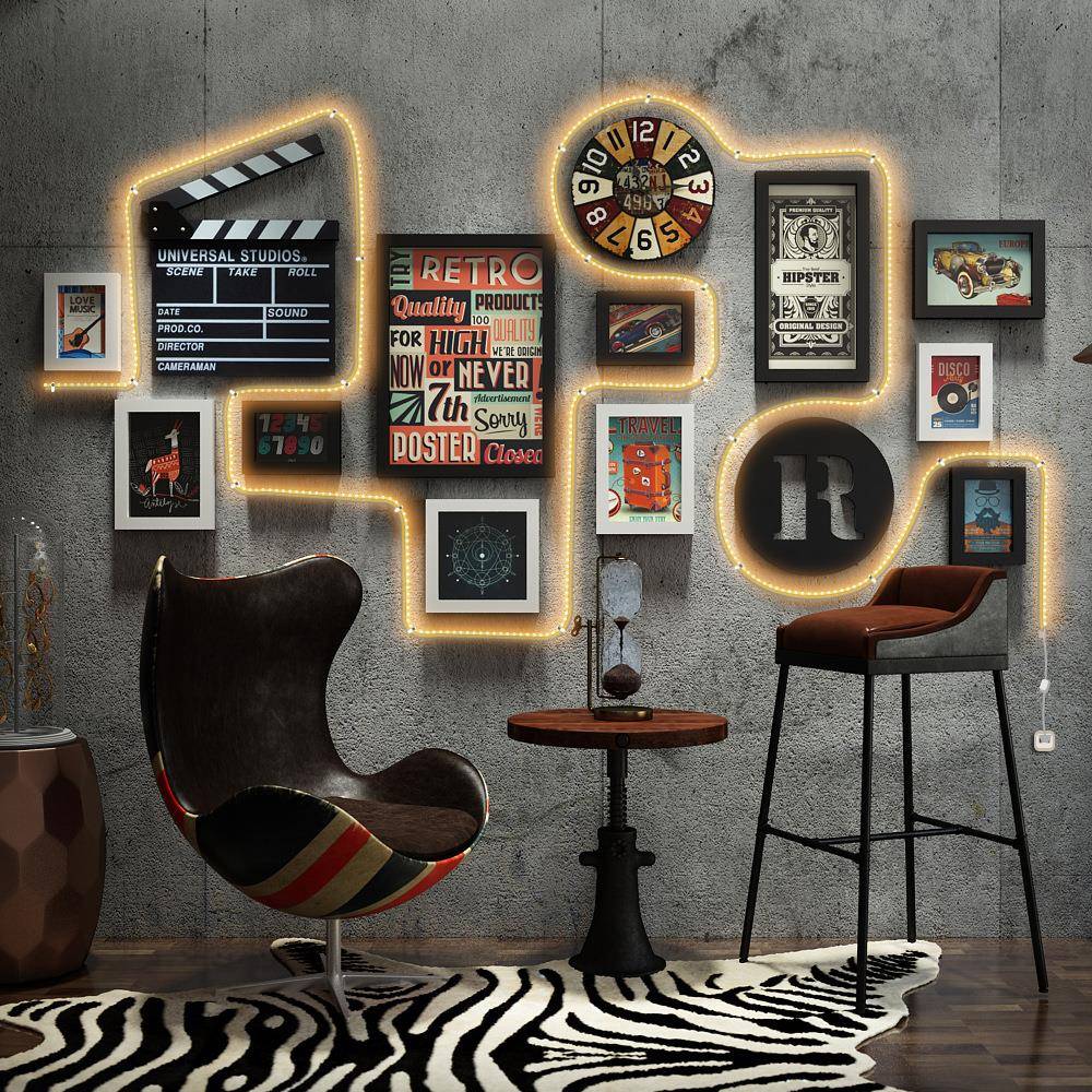 高分子0023工业风发光装饰画框灯带照片墙组合相框墙钟表复古