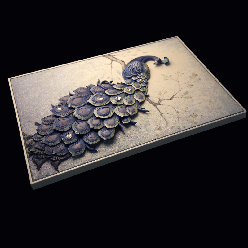 竖版孔雀浮雕玄关装饰画手绘油画立体单幅有框画过道壁画客厅挂画图片