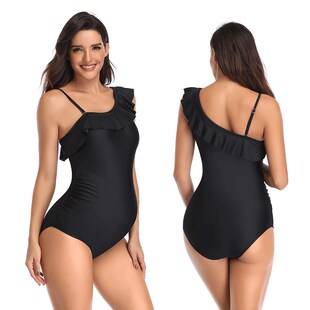 孕妇泳衣欧美大码 性感荷叶一字肩连体泳装海边比基尼斗篷保守200