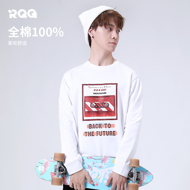 R.Q.G男士T恤春秋季新款全棉加厚白色圆领休闲体恤衫男装上衣卫衣