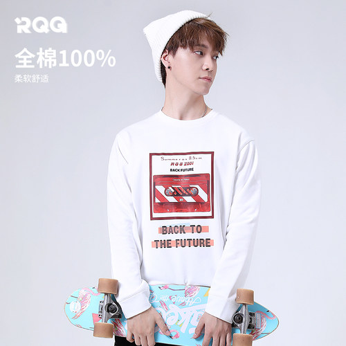 R.Q.G男士T恤春秋季新款全棉加厚白色圆领休闲体恤衫男装上衣卫衣
