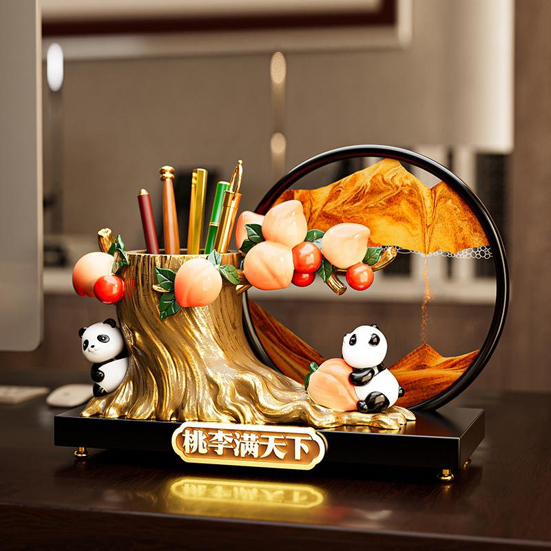 文创熊猫笔筒收纳流沙画装饰品工位办公室桌面高级感摆件毕业礼物