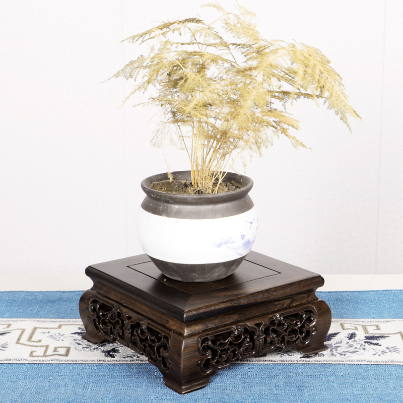 黑檀木缠枝纹镂雕长方形实木底座奇石花盆佛像摆件工艺品木底托架
