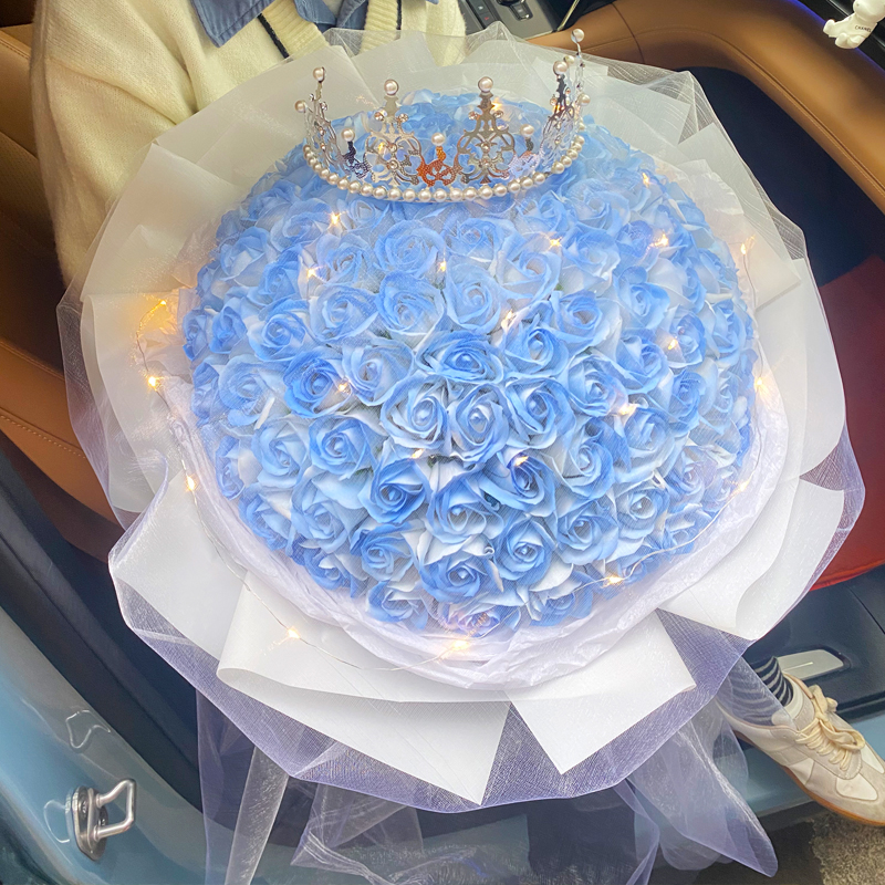 99朵碎冰蓝永生仿真香皂花束玫瑰花送女友闺蜜生日520情人节礼物