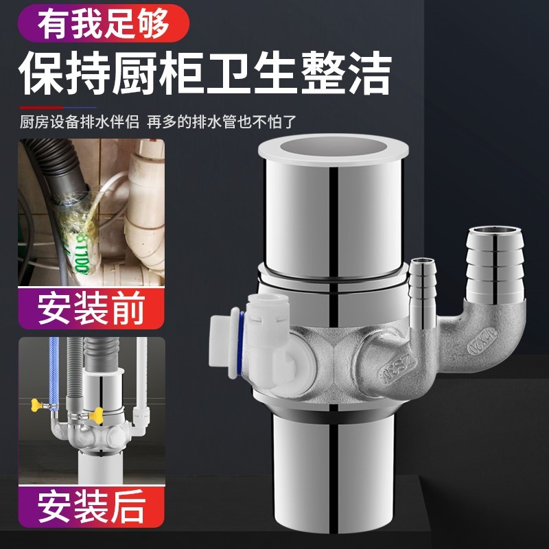 厨房水槽下水管三通洗碗机小厨宝净水器2分3分排水管全铜防臭接头