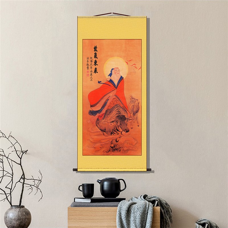 现货速发老子出关图 紫气东来骑牛图 道家中式复古书房装饰画卷轴图片