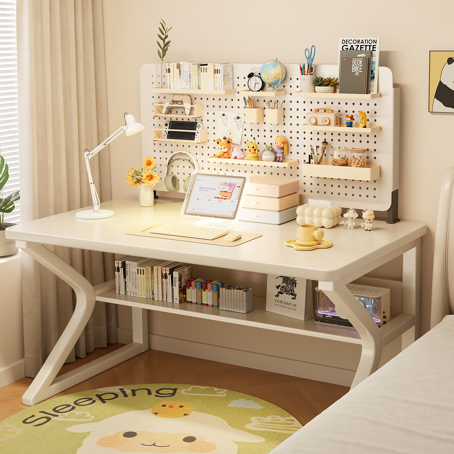 速发长桌书架一体台式电脑家学生卧室桌用写字桌书方形办公桌子工